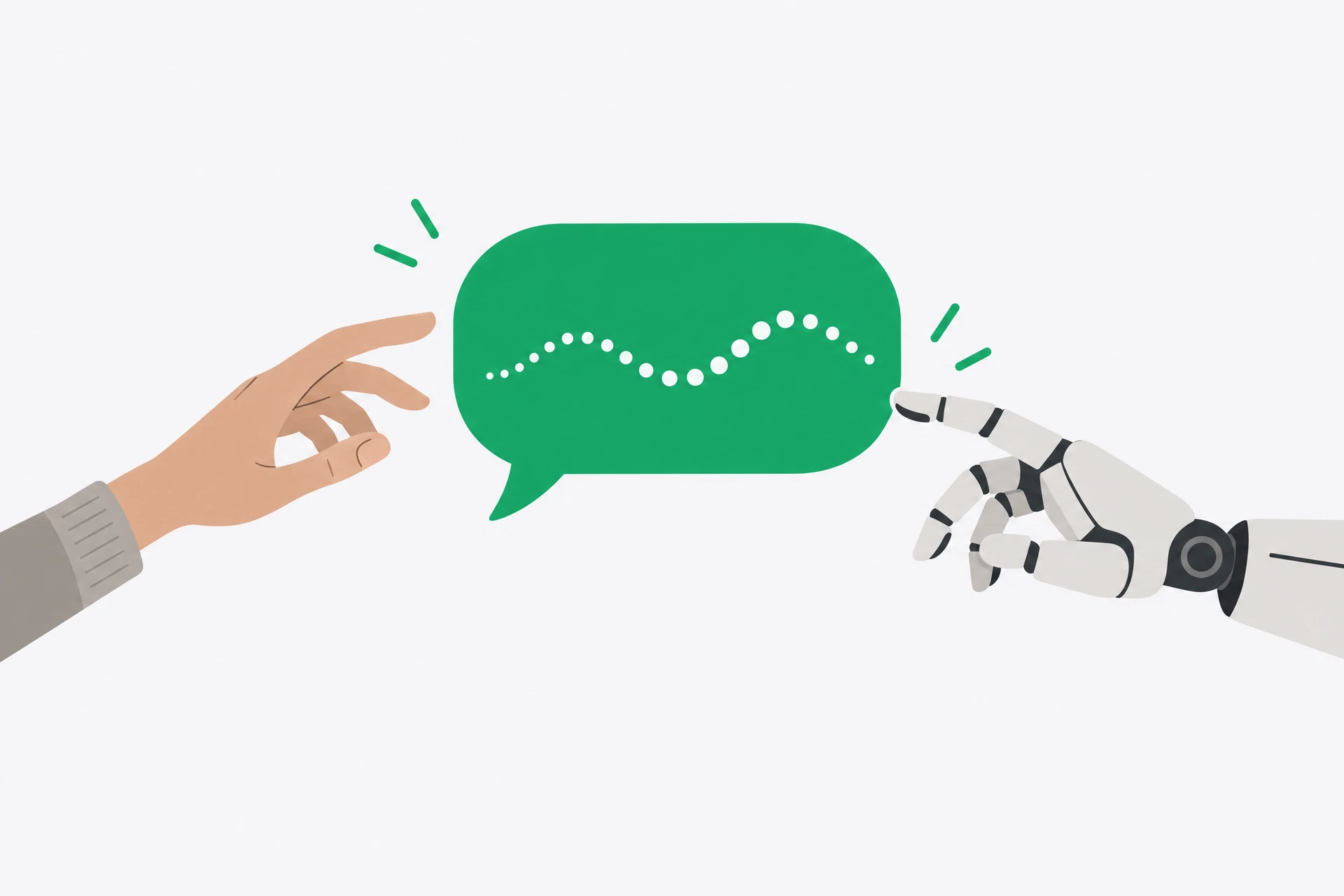 A hand and a simple machine both reaching toward one speech bubble filled with a flowing sequence of dots.