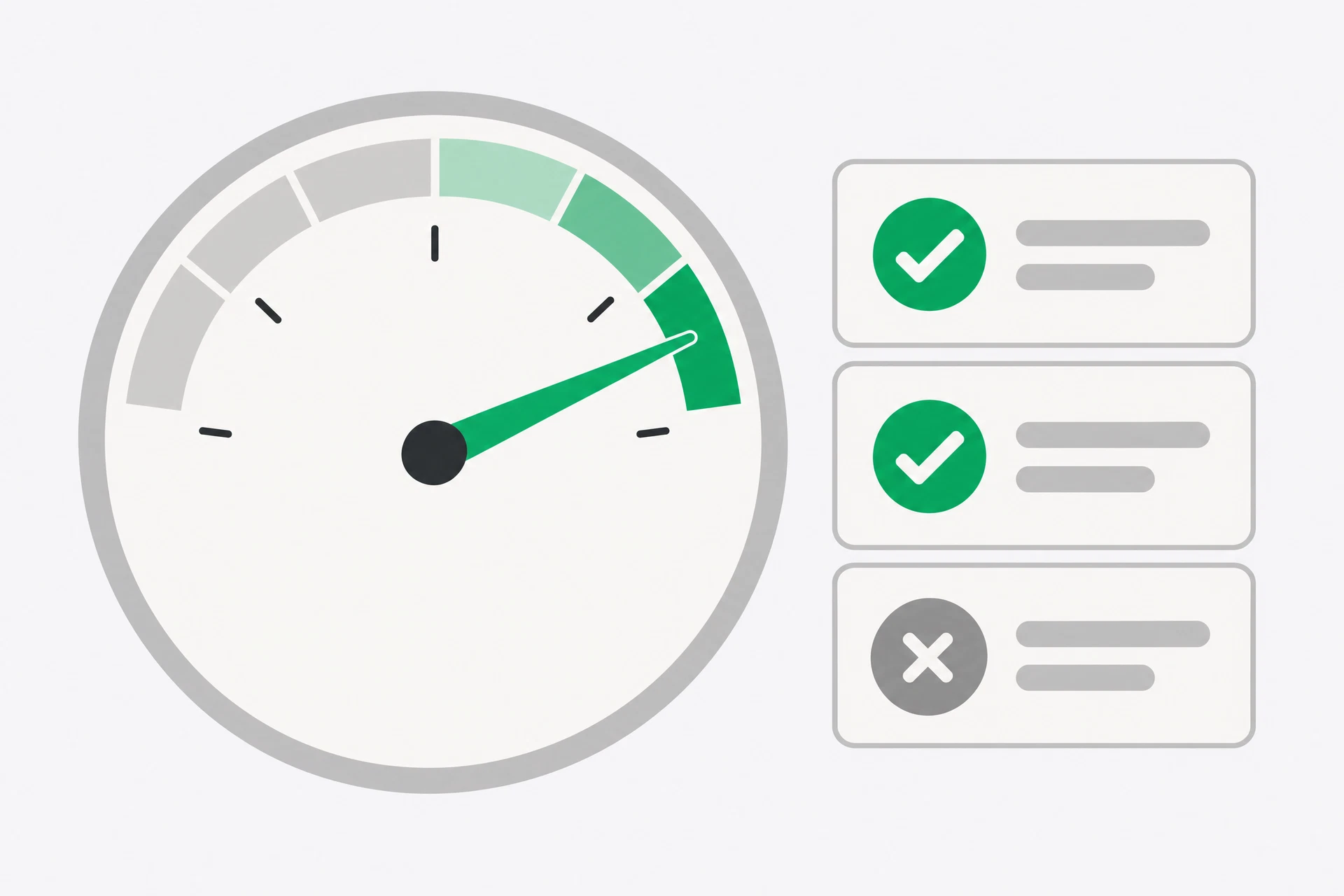 A confidence dial with its needle near maximum, beside three answer cards of which one is marked wrong.