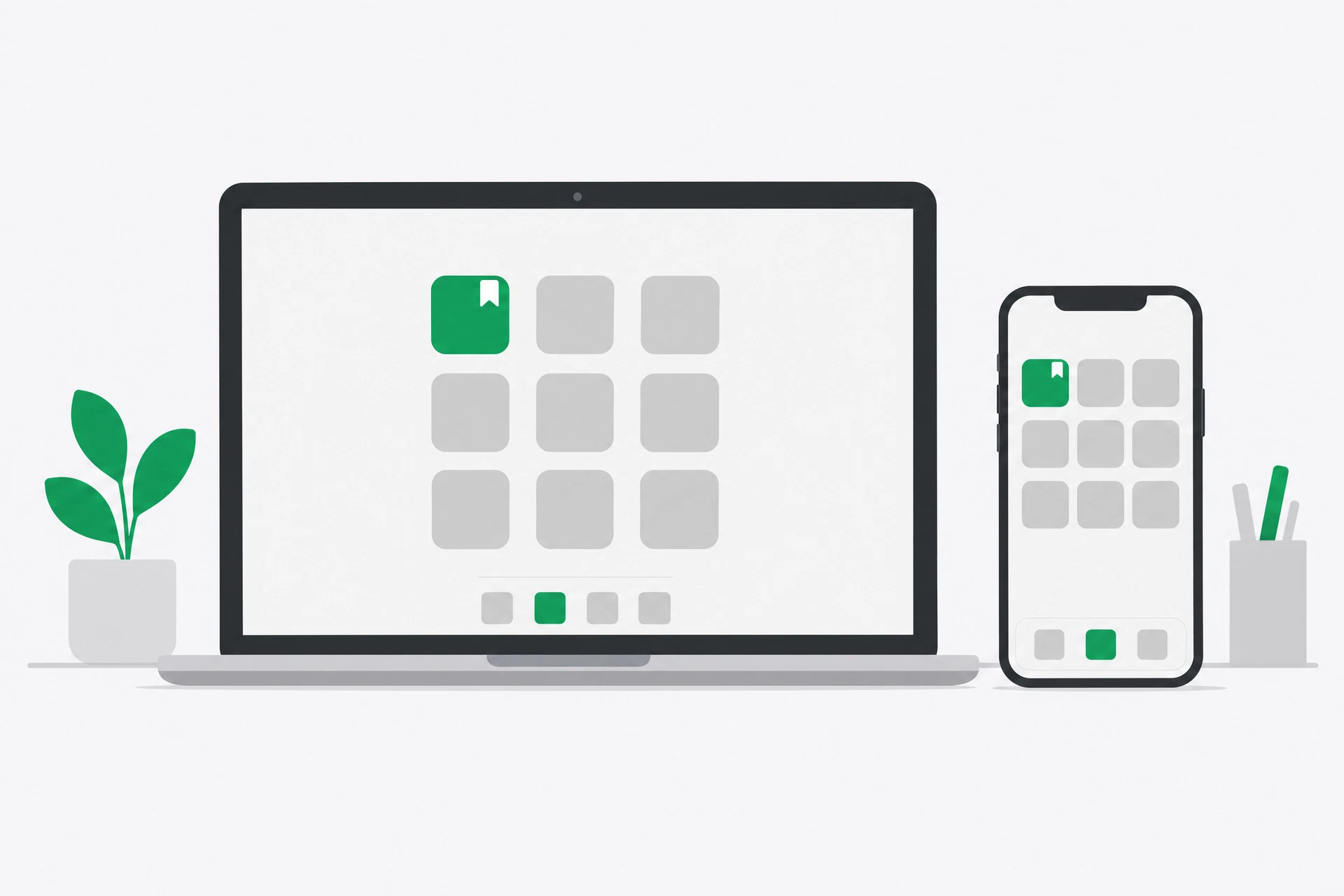 A laptop and a phone side by side, each with a single highlighted app tile, a bookmark and a home-screen shortcut.