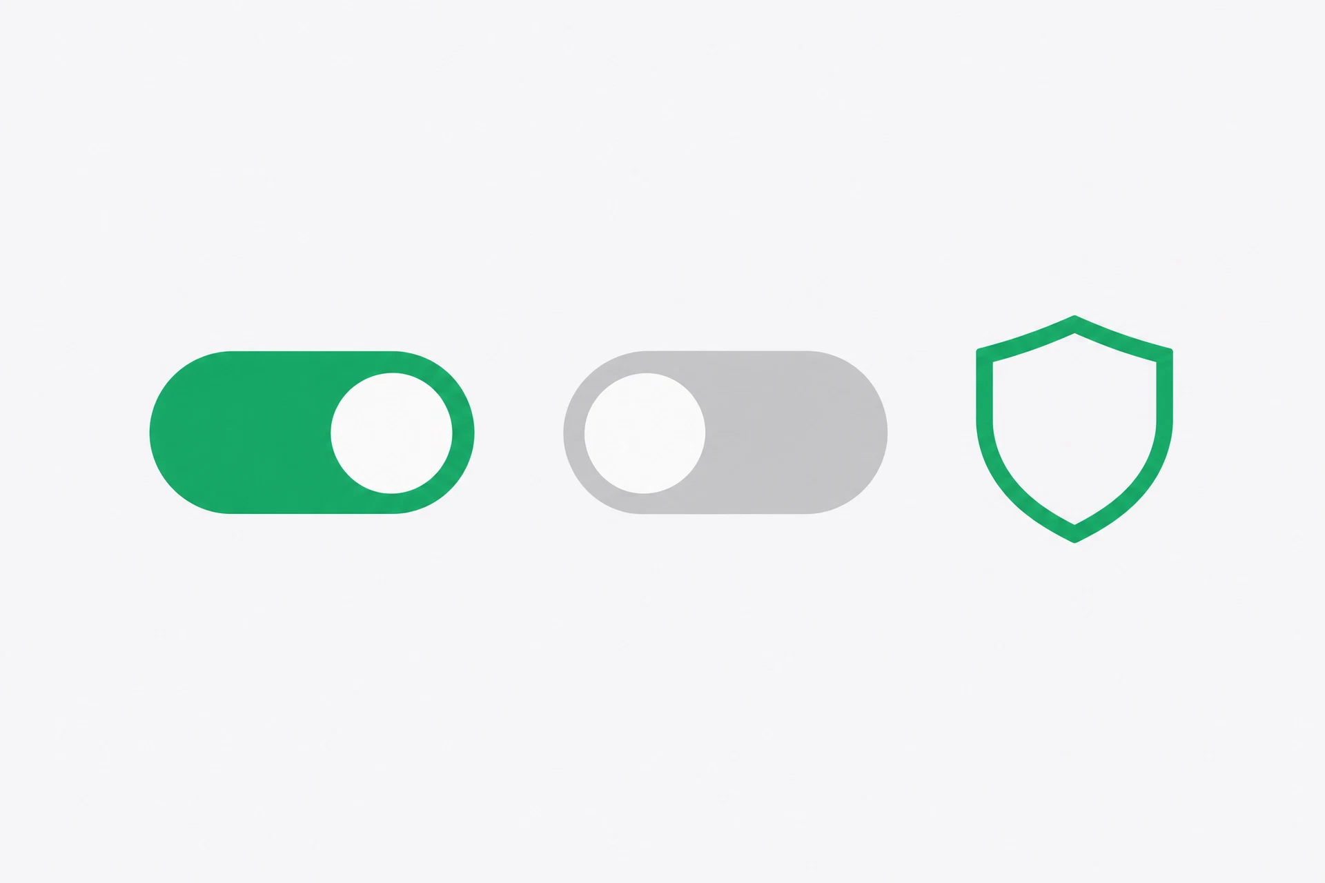 Two toggle switches, one on and one off, beside a simple shield outline.