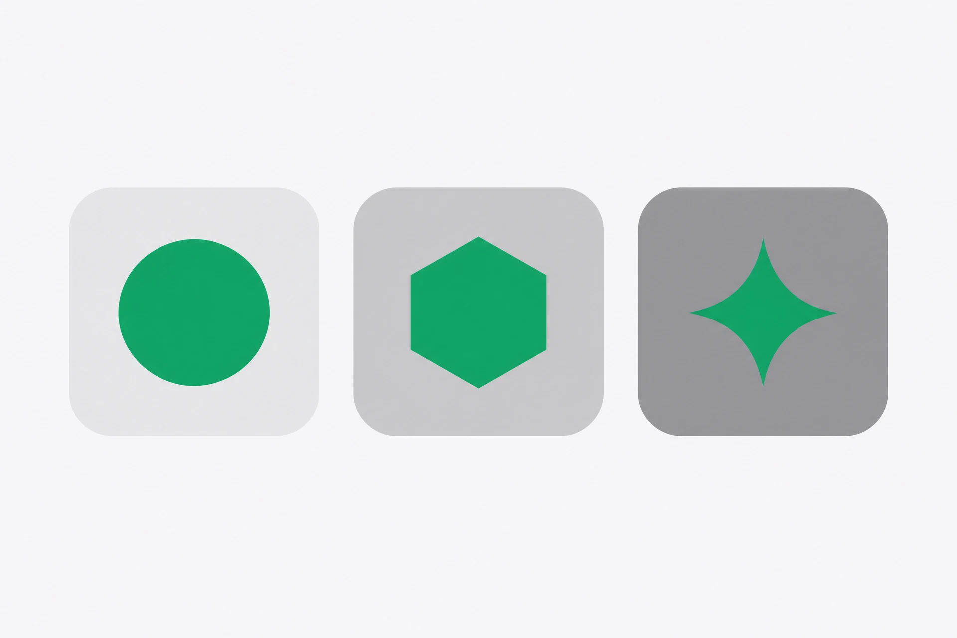 Three equal app tiles with different abstract glyphs and no brand logos.