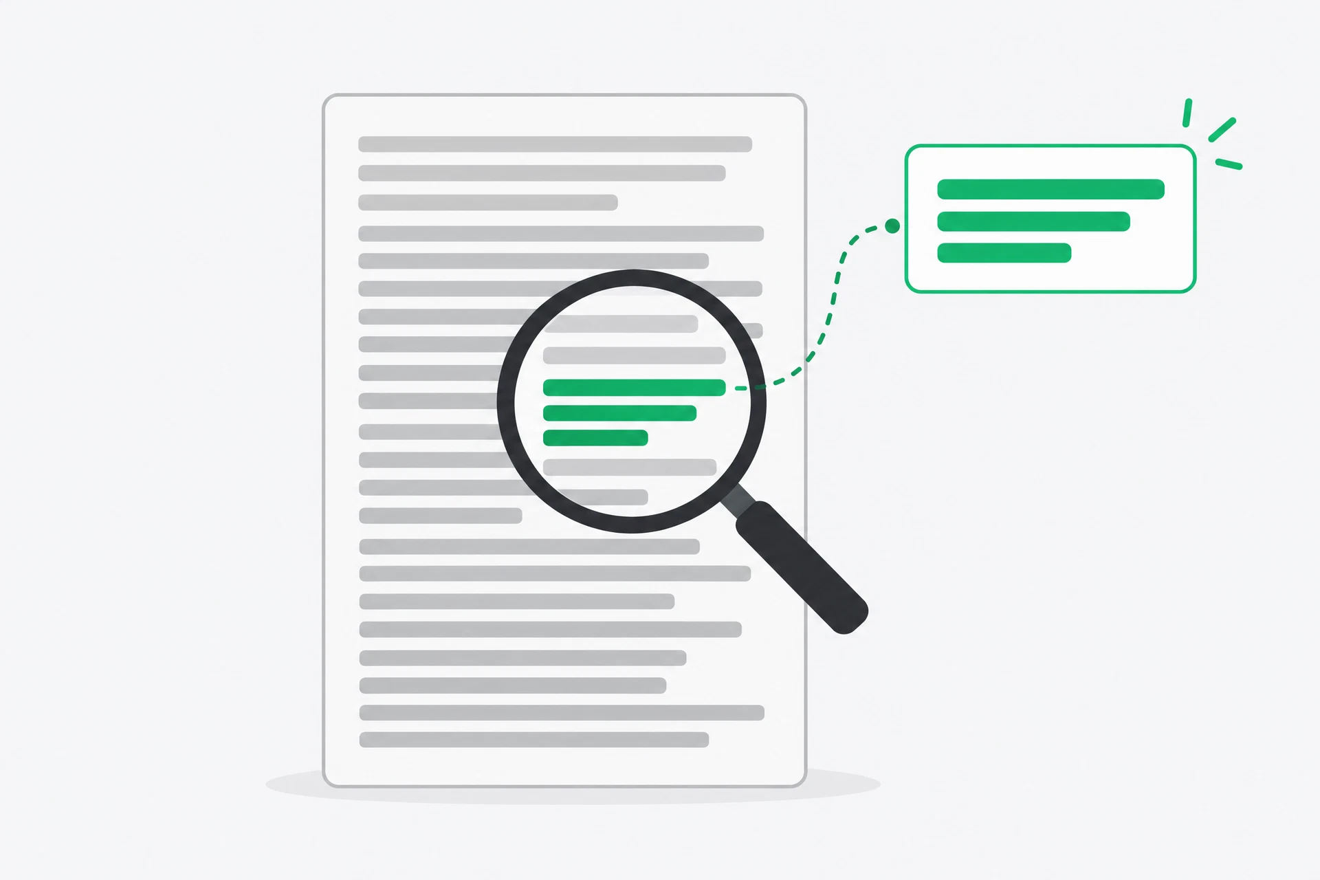 A bright lens pulls one highlighted passage from a long, grey document filled with dense text.