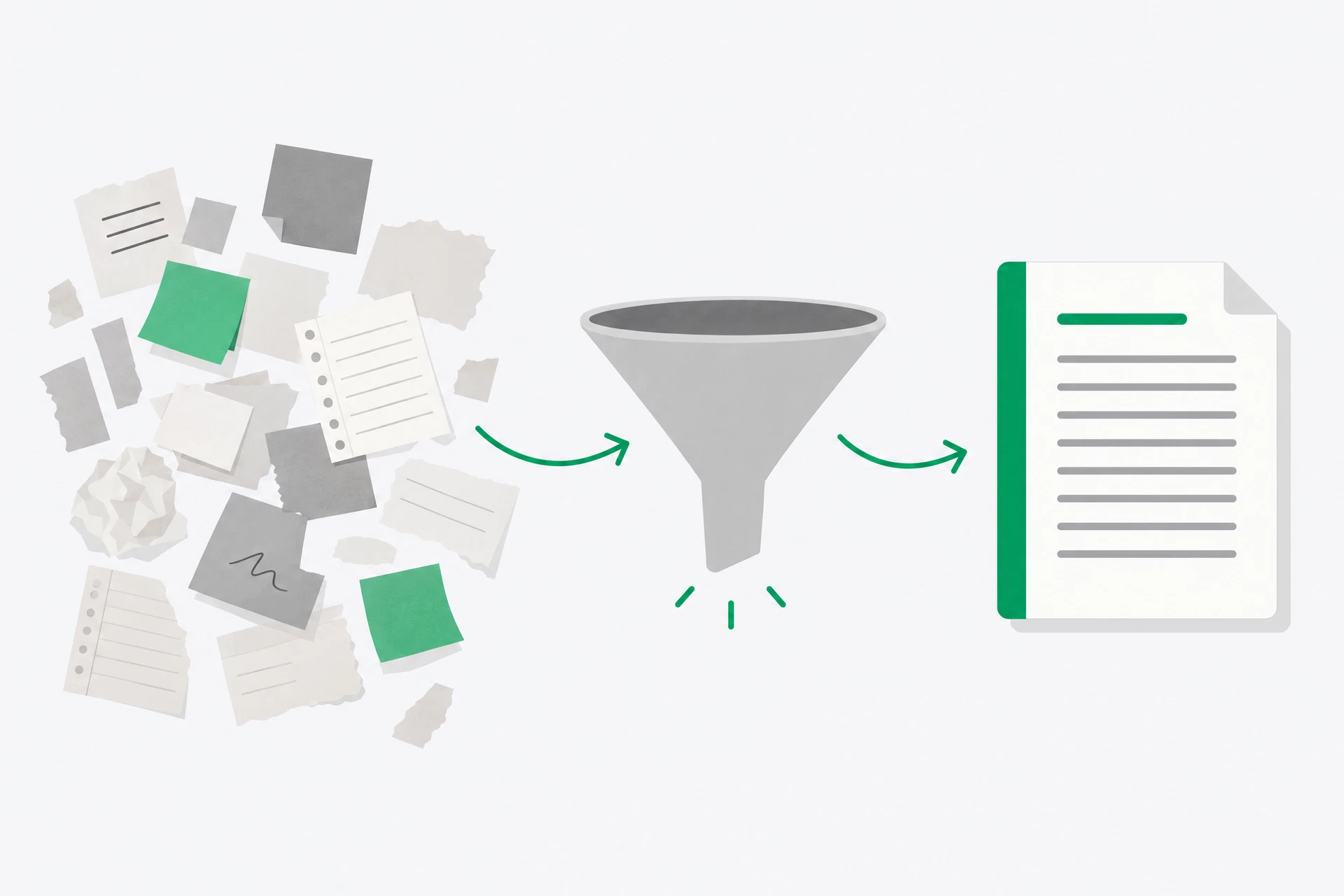 Messy handwritten notes entering a funnel and emerging as one clean, headed document.
